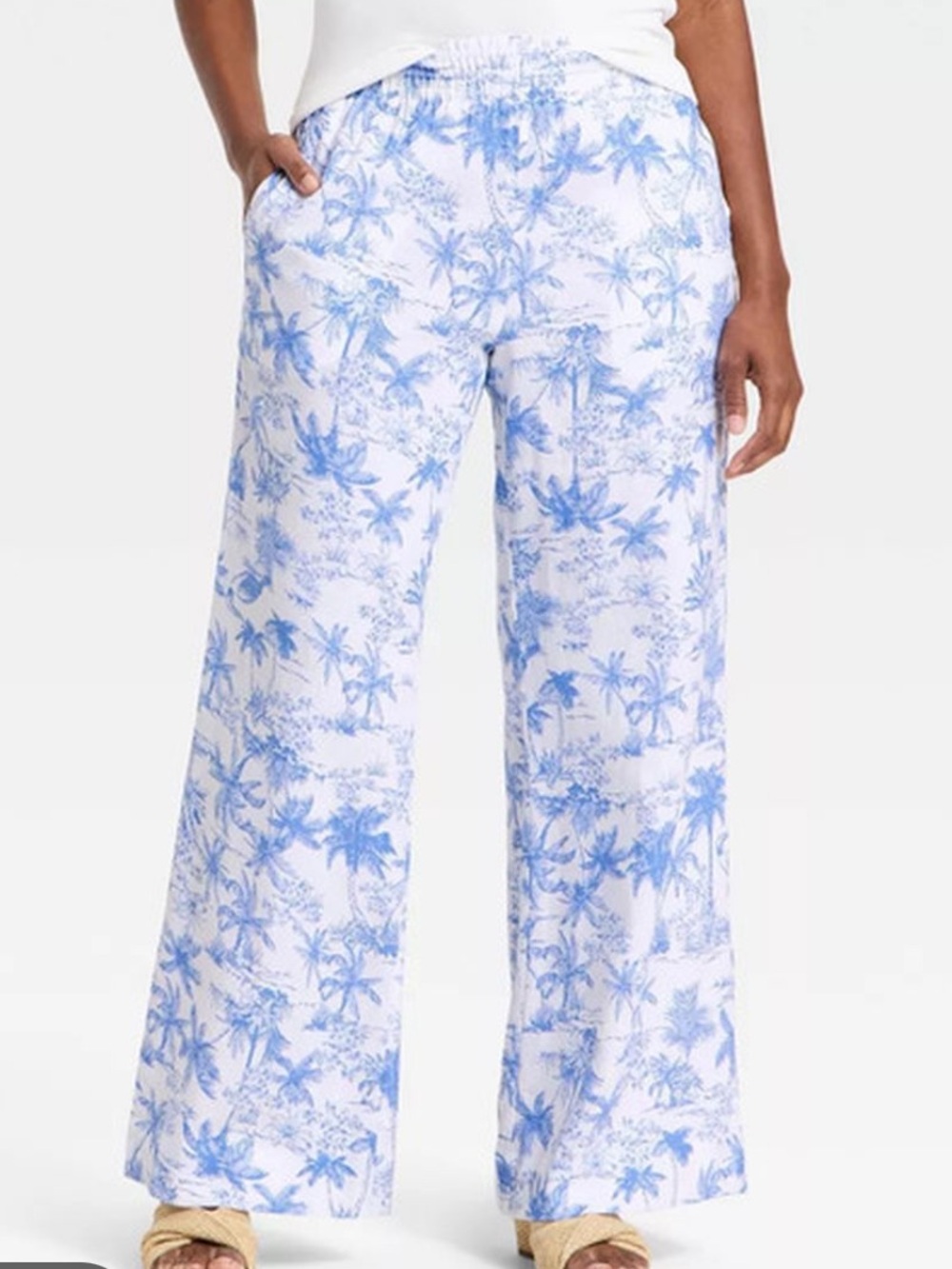 A new day linen Wide-Leg Palm Print Pants in Light Blue and White long large k